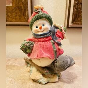 Festive Snowman Figurine with pink and Green Accents